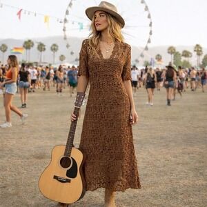 Boho Crochet Maxi Dress  Silk Blend Sz Large Brown Cottage Cowgirl Festival NWT